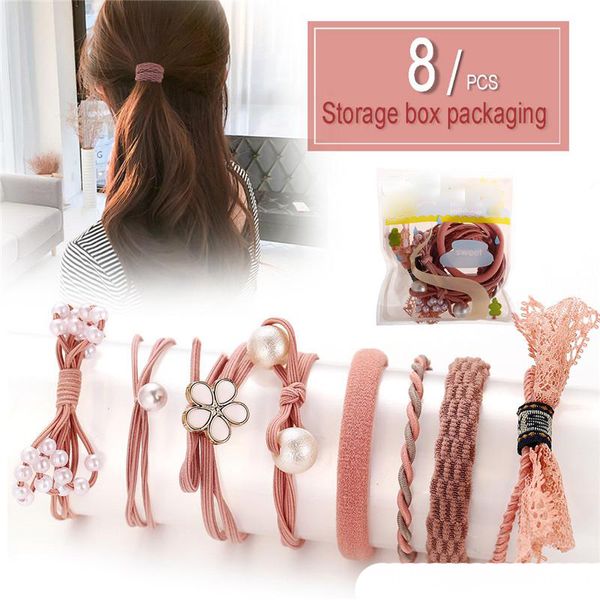 8 ADET / set Pembe Elastik Kauçuk Bant hairbands İçin Kadınlar Kızlar Boho İnci Çiçek Saç Takı Moda Saç Aksesuarı