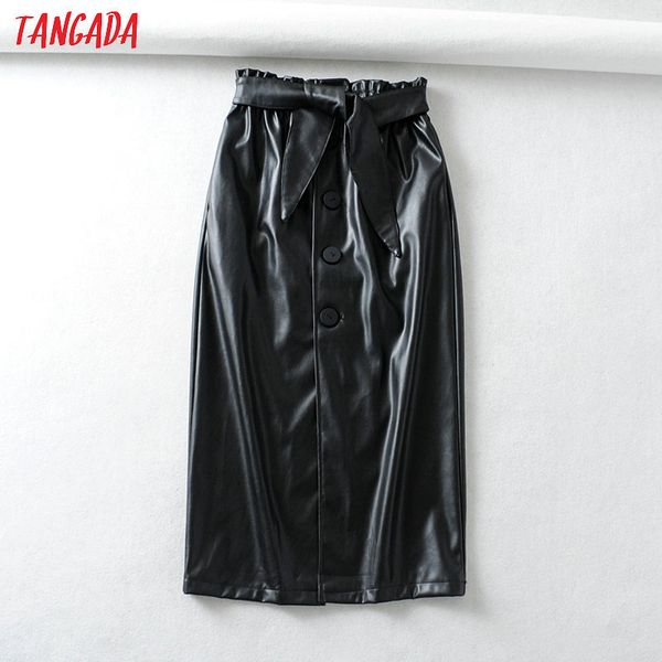 

tangada women winter fleece faux leather midi skirt vintage with belt stretch waist pocket ladies elegant chic skirts 6a124, Black
