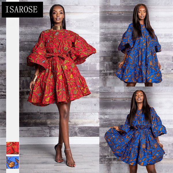 

isarose women ethnic african dresses trendy dashiki clothing printed rich bazin ruffle sleeve oversize ladies ankara party dress, White;black