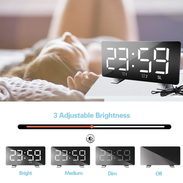 

digital alarm clock radio, fm radio alarm clock, usb port for charging, large 6 inch led display with dimmer, snooze, dual alarm