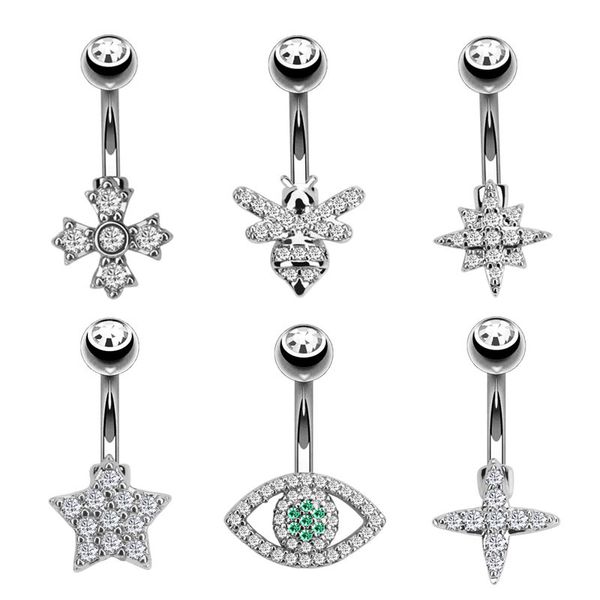 

2018 gold plated cross eye star bee crystal belly button rings belly navel piercing stainless steel body piercing barbell for women, Silver