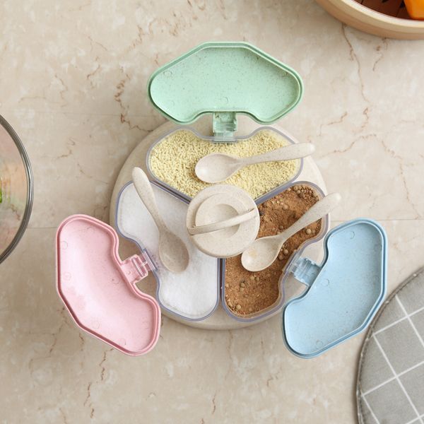 

multifunctional kitchen supplies seasoning box set rotating seasoning jar kitchen storage box wheat straw storage container