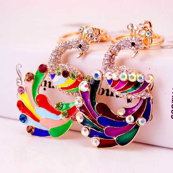 

3pcs/lot colorful drip oil rhinestone alloy animal peacock key chain bag pendant car accessories keyring holder women bag decor, Silver