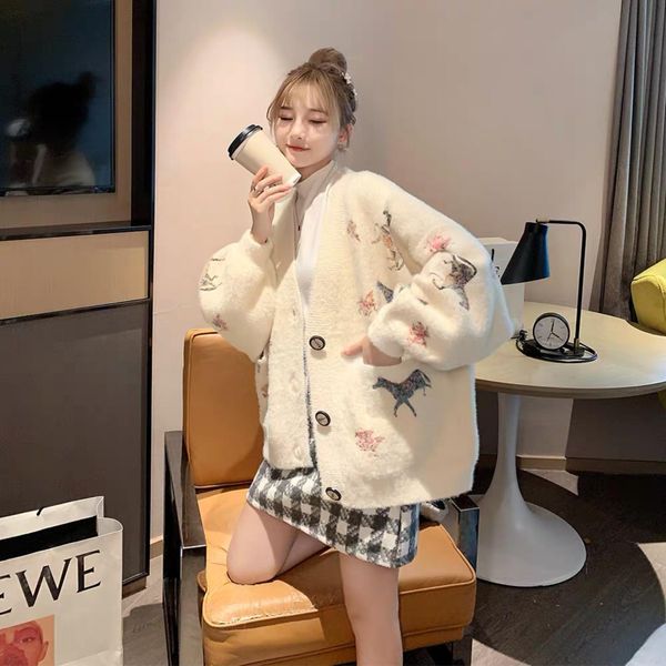 

imitation mink wool sweater cardigan women loose lazy style 2019 new autumn korean thickened woolen knitted jacket 2020, Black