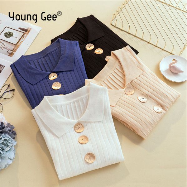 

young gee autumn winter sweater women long sleeve turn-down collar pullover basic sweaters 2019 shell buttons femme jumper, White;black