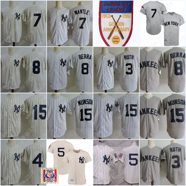 

1951 New York Vintage Golden 7 Mickey Mantle 8 Yogi Berra Babe Ruth Lou Gehrig 5 Joe DiMaggio 15 Thurman Munson Baseball Jersey