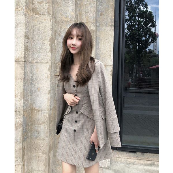

work dresses high-quality retro check large size women's suit suspender dress spring and autumn small jacket two-piece, White;black