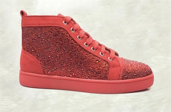 

new designer high crystal studded lace up causal shoe man woman sneaker red blue black flat bottom party shoes size 35 -46