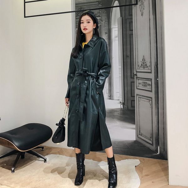 

ewq] new 2019 autumn retro green big sense slim fit long section solid single breasted full turn-down collar windbreaker na342, Tan;black