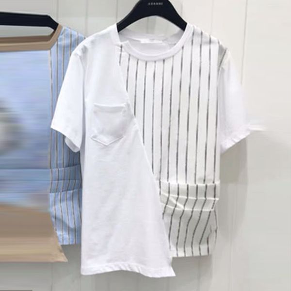 

kymakutu 2020 новый нерегулярное полосатый карманный белый тенниска женщины лоскутное лето футболка женская мода wild ladies tee shirt top, White