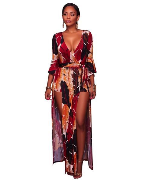 

casual bohemian women jumpsuit romper floral print v neck bodysuits long sleeve beach overalls for women, Black;white
