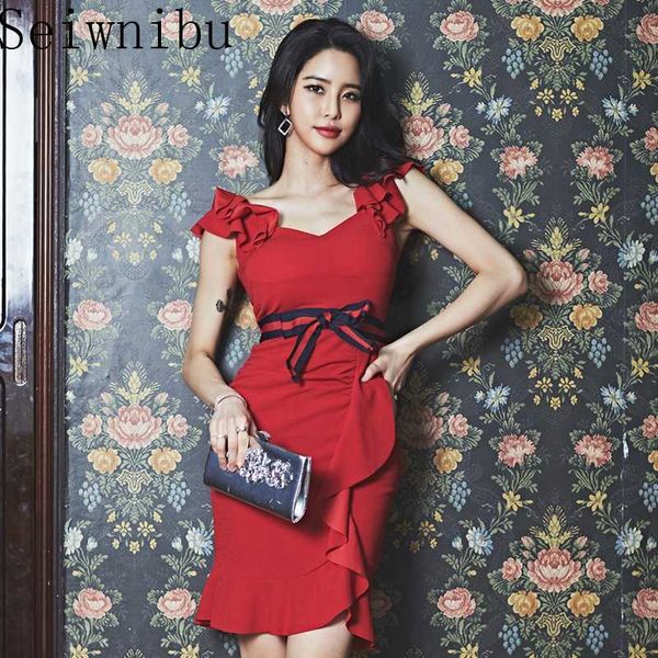 

seiwnibu summer sleeveless ruffles strap vestidos women bodycon high waist pencil red dress, Black;gray