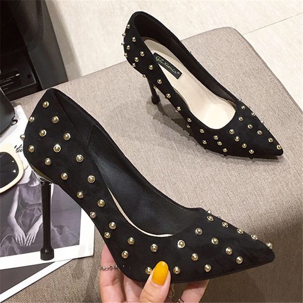 

2019 woman 10cm high heels flock pumps female luxury fetish valentine shoes lady strange pointy rivet scarpins black office heel