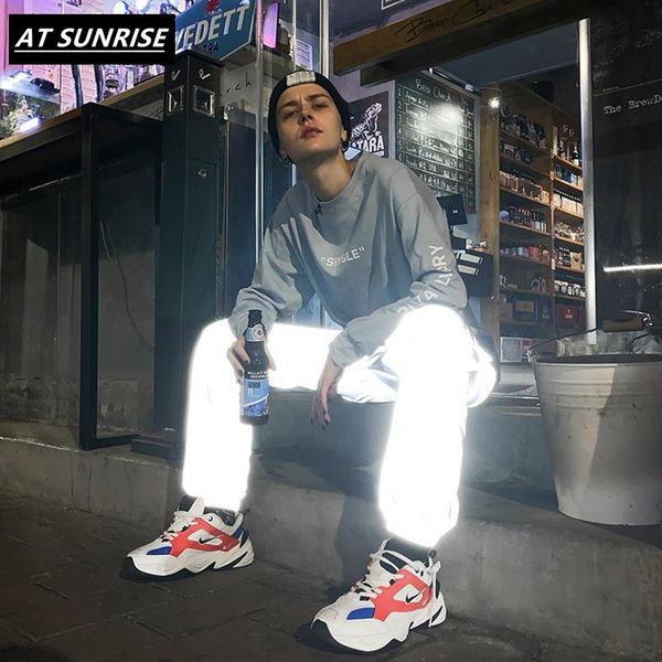 

3m reflective jogger pants men/women casual gray solid streetwear hip hop trousers fashion nightclub bar clothes pencil pants, Black