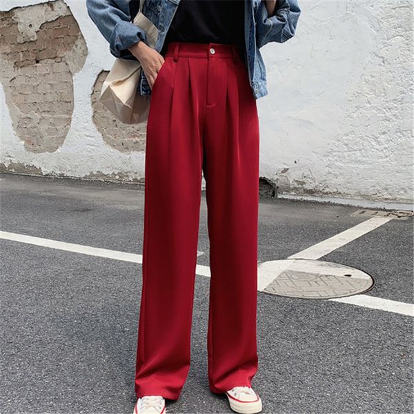 

hzirip all-match plus size office lady fashion feminine autumn solid full-length pants high waist casual loose straight trousers, Black;white