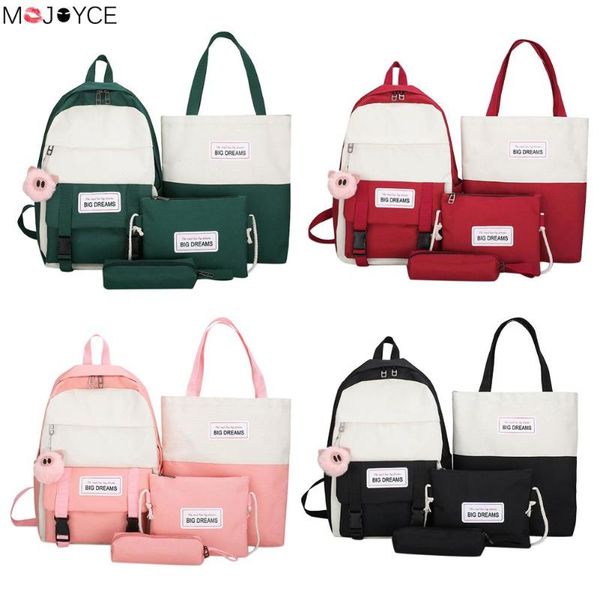 

4pcs hit color women backpack canvas shoulder messenger clutch pen bag set