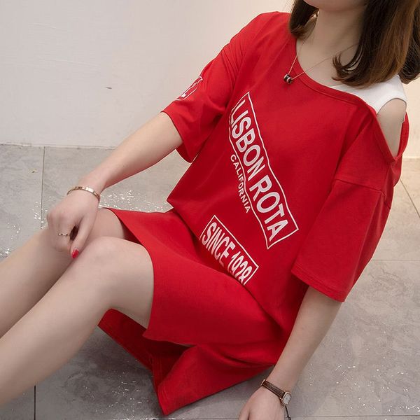 

лето письмо без бретелек ремни сверху рыхлый большого размера midi красный с короткими рукавами т- плечевой ремень футболки рубашки женщина, White