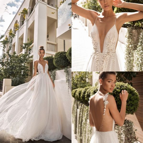 

2019 elihav sasson bohemian wedding dresses spaghetti lace appliqued a line backless boho wedding dress sweep train abiti da sposa, White