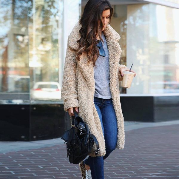 

women fashion thick soft warm teddy bear fleece fur fluffy coat long jackets ladies casual front open cardigan outwear overcoa, Black