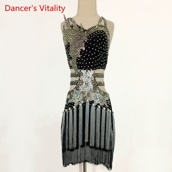 

senior diamond kids latin dance dress sling hollow out tassel dresses women girls latin dance stage performance costume, Black;red