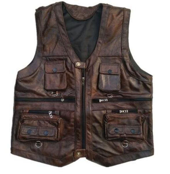 

v-neck genuine leather vest men brown waistcoat male sleeveless jacket thick pgrapher motorcycle vest multi pocket zipper breathable, Black;white