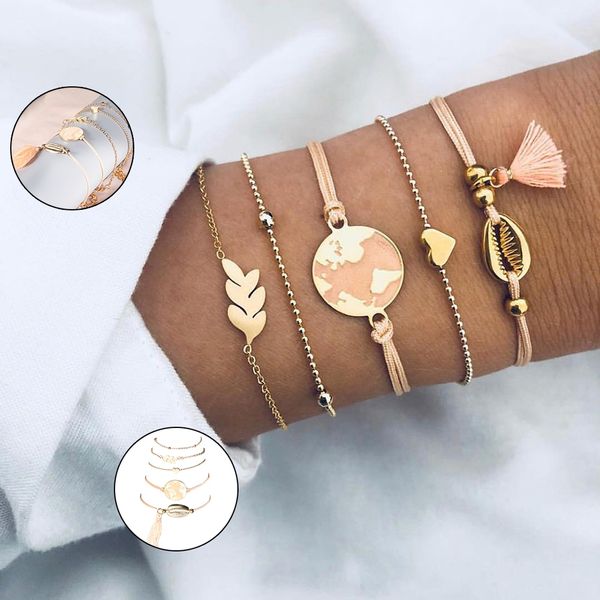 

europe and america pink orange drop oil earth love bracelet shell fringed bead chain bracelet new five piece set, Golden;silver