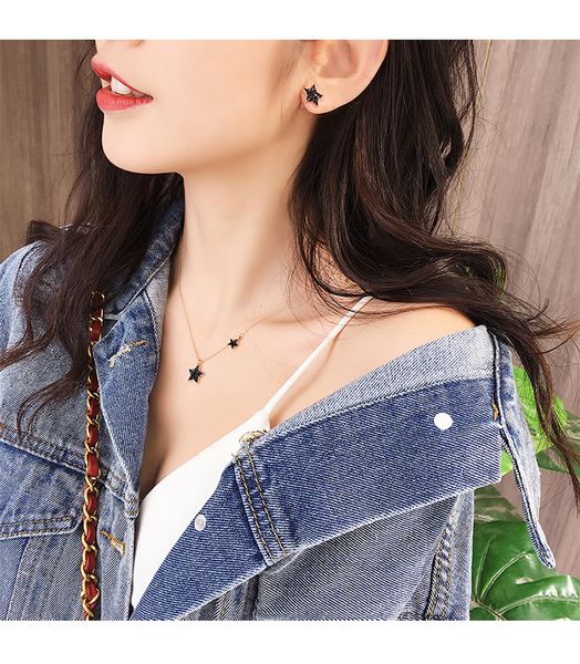 

maxi korea s925 silver needle asymmetric five-pointed star earrings personalized zircon rhinestone earrings necklace set