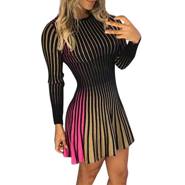 

2019 fashion dress female women long sleeves color patchwork striped party evening club bodycon mini dress robe femme vestidos, Black;gray