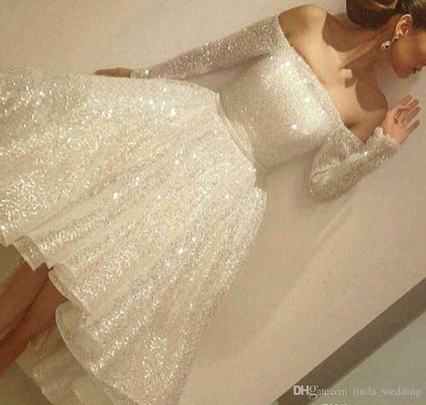 2019 New Paillettes Prom Dress Long Sleeve Tea Length Formal Holidays Wear Graduation Evening Party Pageant Gown Custom Made Plus Size