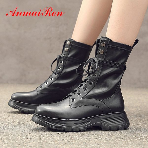 

anmairon 2019 round toe lace-up winter women boots motorcycle boots square heel genuine leather women ankle size 34-42, Black