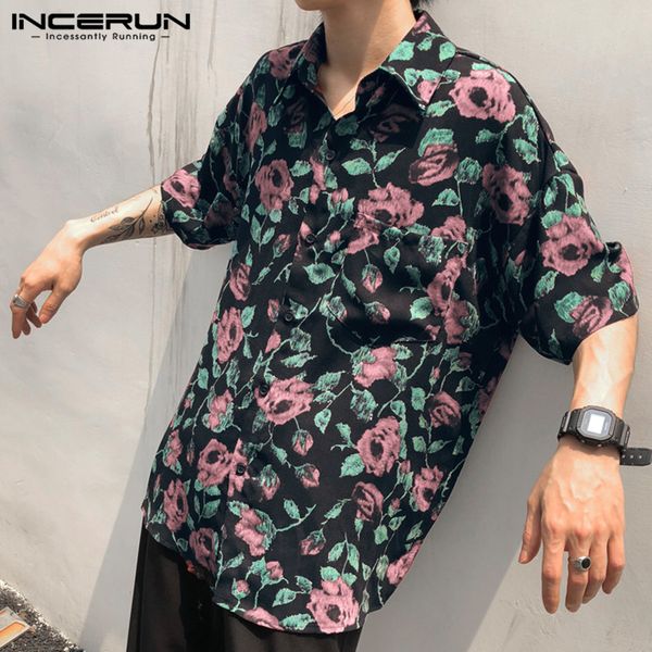 

incerun men summer printed shirts half sleeve lapel shirt casual flowers floral camisa summer vintage loose hawaiian s-5xl, White;black