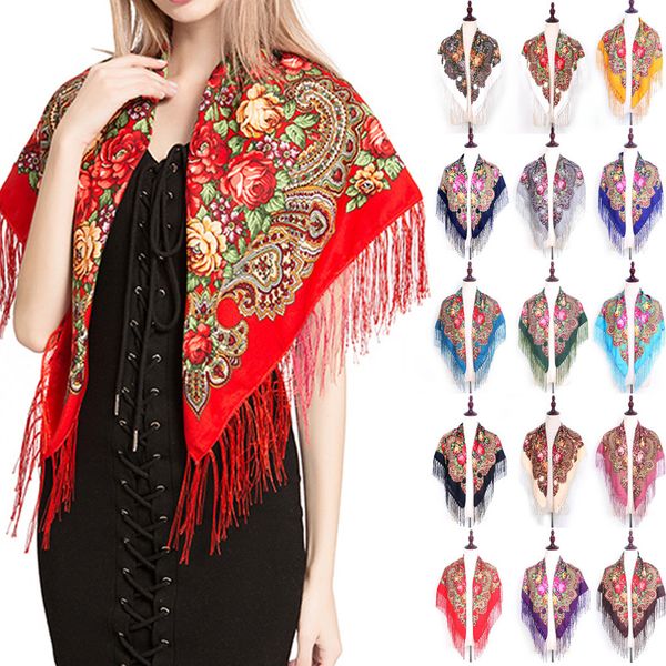 

fashion russian women tassel square scarf shawl lady printed floral short tassel headband retro cape wrap scarves #35, Blue;gray