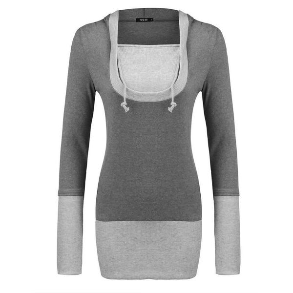 

women long sheeve hoodies u-collar patchwork hooded women sweatshirt contrast color casual hoodie outwear, Black