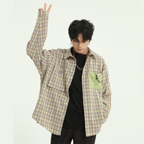 

new men casual с длинным рукавом клетчатые рубашки молодых мужчин high street hip hop сыпучие рубашки верхняя одежда, White;black
