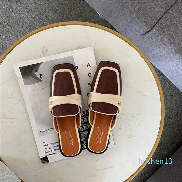 

2020 summer women pu leather strappy mule heels sandals slippers women flat heels shoes square toe female slides casual slippers l13, Black