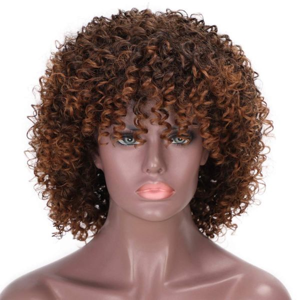 

mixed wig curly synthetic hair for black women african short brown wig heat resisitant hair fluffy wig with bangs wigs