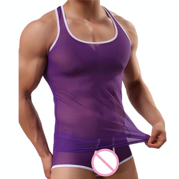 

soutong brand men undershirt sleevless mesh transparent shirt underwear men vest gay singlet mens bodysuit spandex see through, Black;brown