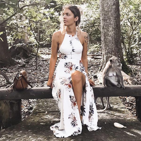 

womens summer backless beach dresses fashion designer halter slipt summer dress flora printed holiday dress, Black;gray