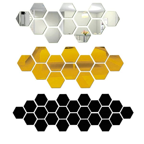 

12pcs/set 3d hexagon acrylic mirror wall stickers diy art wall decor stickers living room mirrored sticker gold home decoration