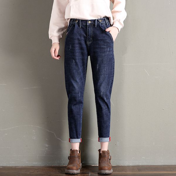 

women jeans pants 2019 loose casual boyfriend pants solid plain pocket denim trousers harajuku ankle-length mom jeans vaqueros, Blue
