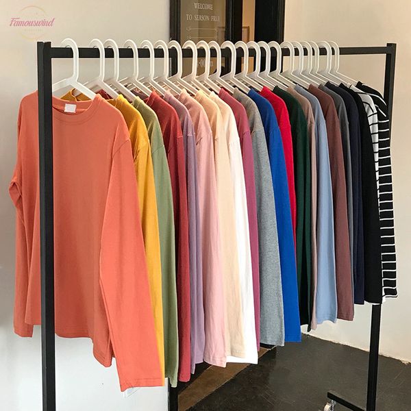 

22 solid color long sleeve t shirt women kpop chic loose o neck cotton t shirt black harajuku kawaii simple basic tshirt, White