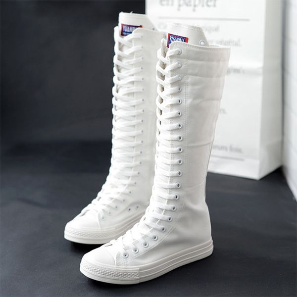 

autumn women canvas lace up cross tied knee high boots zip plus size ladies flat white black shoes female fashion casual sneaker