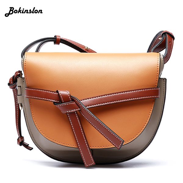 

bokinslon fashion contrast saddle bag messenger woman split leather shoulder bag casual ladies