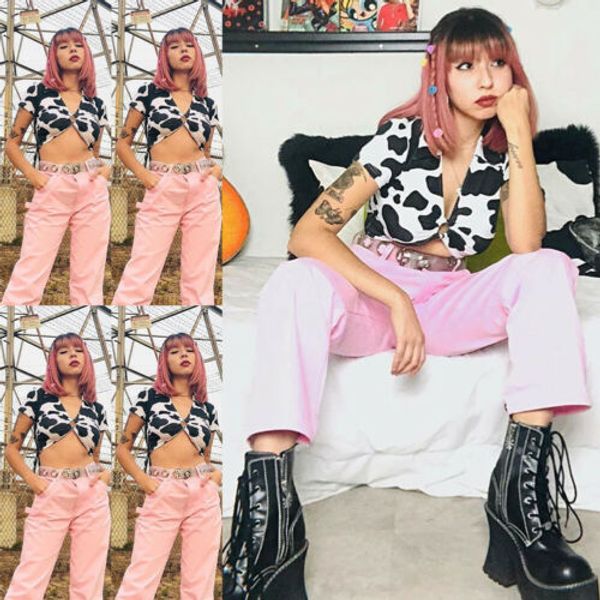 

2020 brand womens cow pattern tank women summer short sleeve deep v neck cow printed casual t-shirt, White