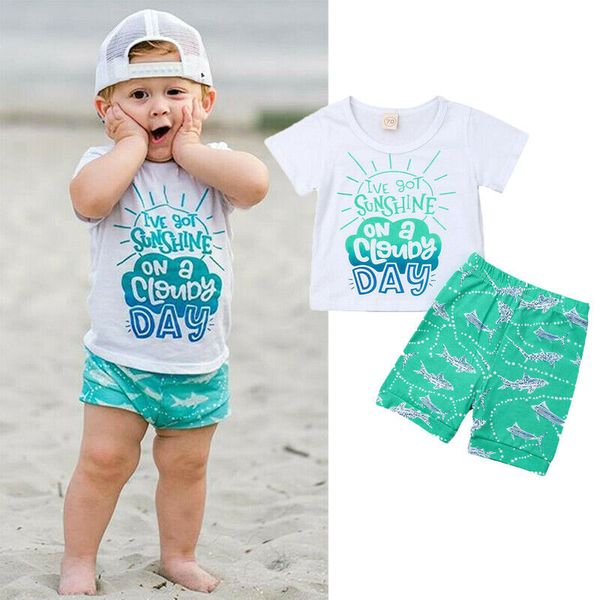 

cute toddler baby boys 0-4y summer clothes 2pcs letter print short sleeve t-shirt shorts 2pcs outfits set, White