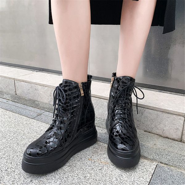 

sarairis brand design genuine leather shoelace height increasing shoes woman casual ankle boots women shoes, Black