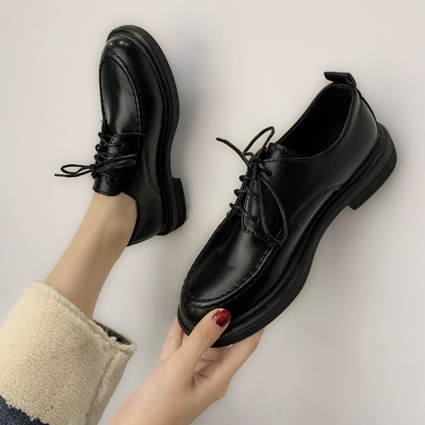 

retro woman shoes elegant round toe all-match female footwear casual sneaker autumn british style shallow mouth oxfords women's, Black