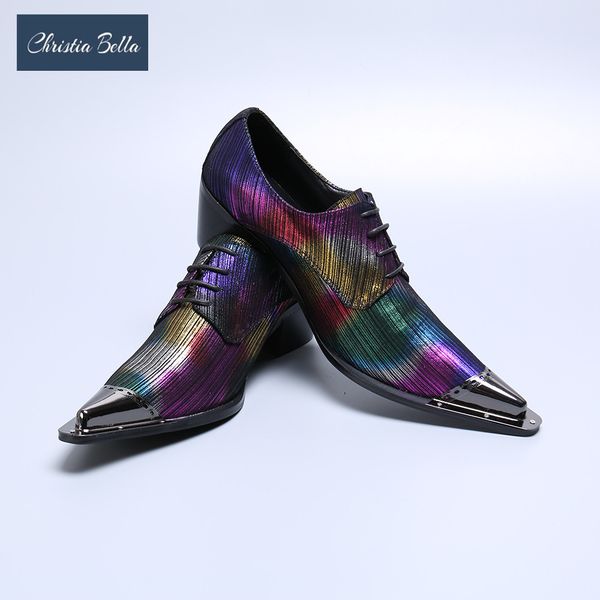 

christia bella fashion color stripe enuine leather men business shoes plus size lace up metal pointed toe formal dress shoes, Black