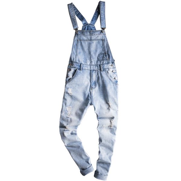 

men's light blue jeans slim snow washed denim overalls casual hole ripped jumpsuits cargo jeans men skinny pants