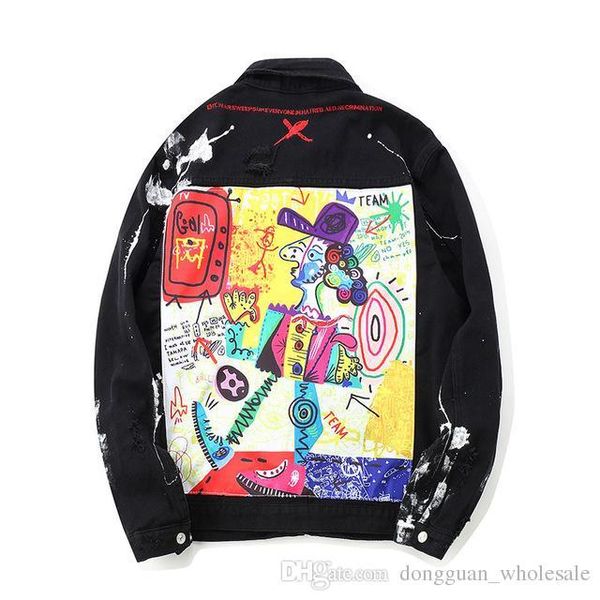 

hip hop graffiti cartoon ripped denim jackets mens casual distressed jeans jacket coat streetwear fashion male, Black;brown